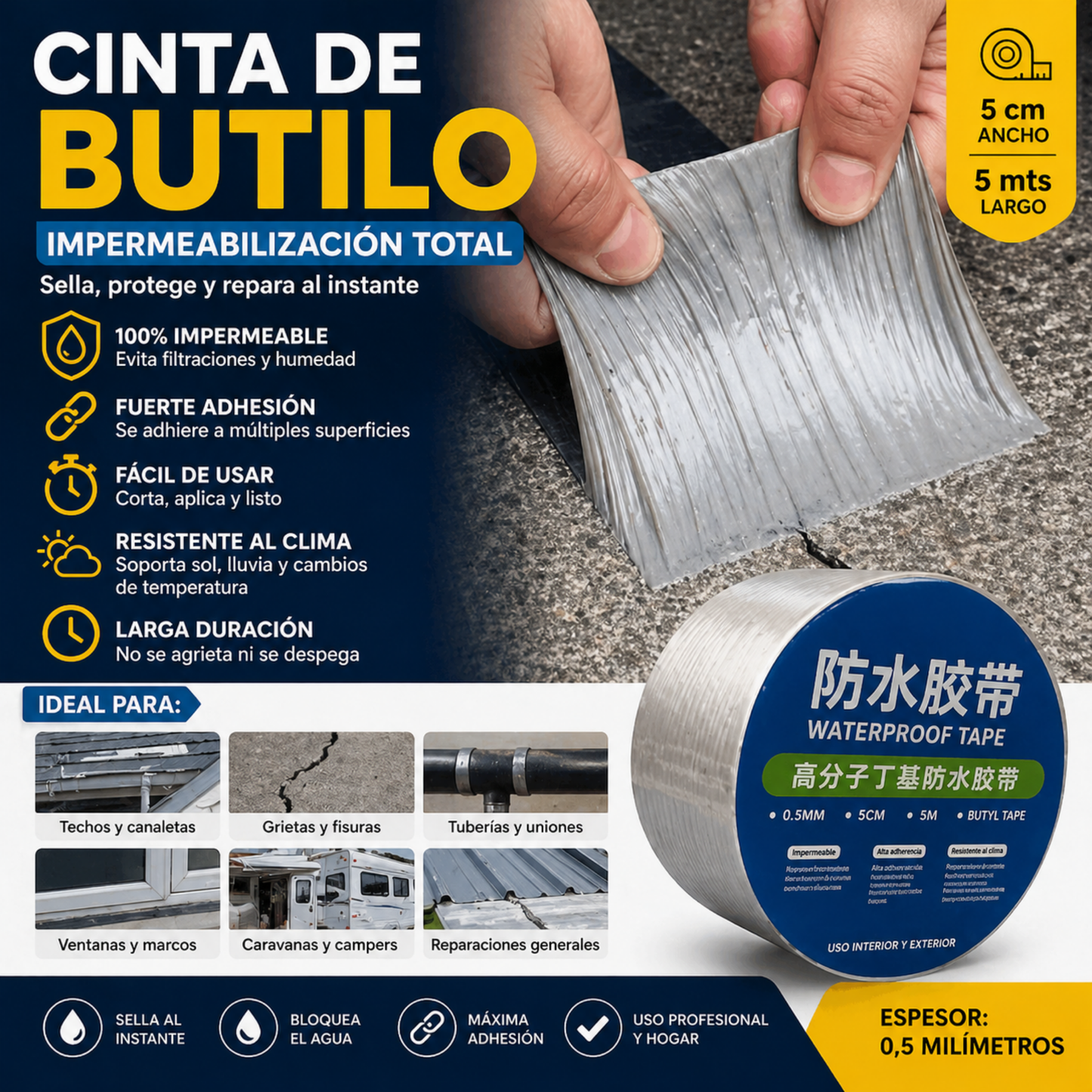 Cinta Adhesiva Tapa Gotera De Butilo 5mts