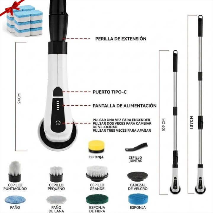 Cepillo de Limpieza 9 en 1 SpinClean Pro+12 Pastillas Limpia Lavadora de Regalo — Limpia profundo y en menos tiempo sin esfuerzo