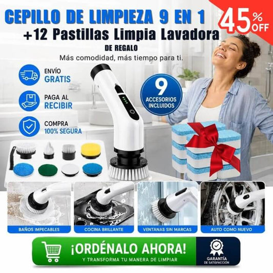Cepillo de Limpieza 9 en 1 SpinClean Pro+12 Pastillas Limpia Lavadora de Regalo — Limpia profundo y en menos tiempo sin esfuerzo