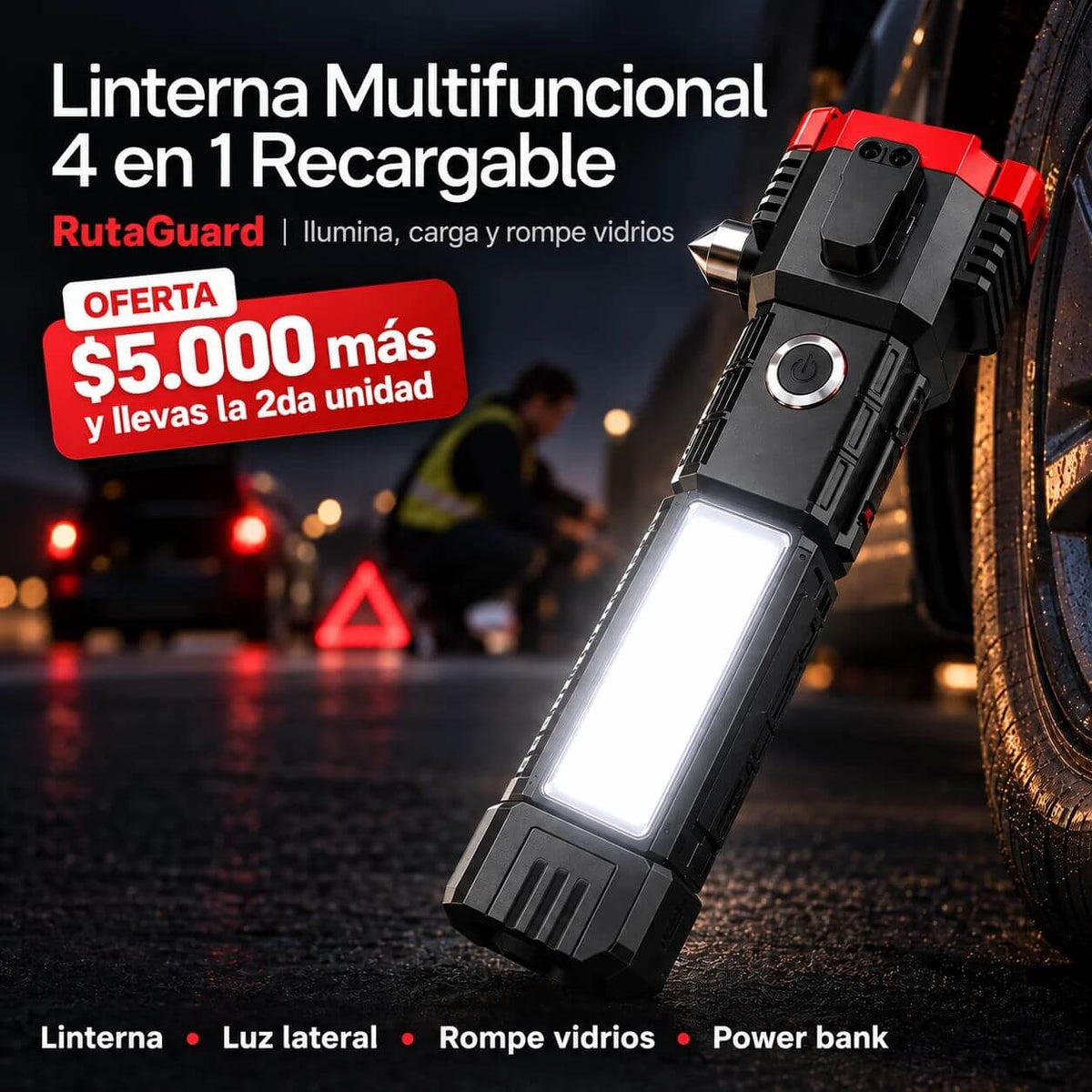 Linterna Multifuncional 4 En 1 Recargable RutaGuard - Ilumina, carga y rompe vidrios