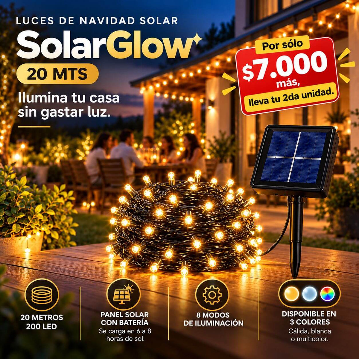 Luces De Navidad Solar 20 mts SolarGlow - Ilumina tu casa sin gastar luz