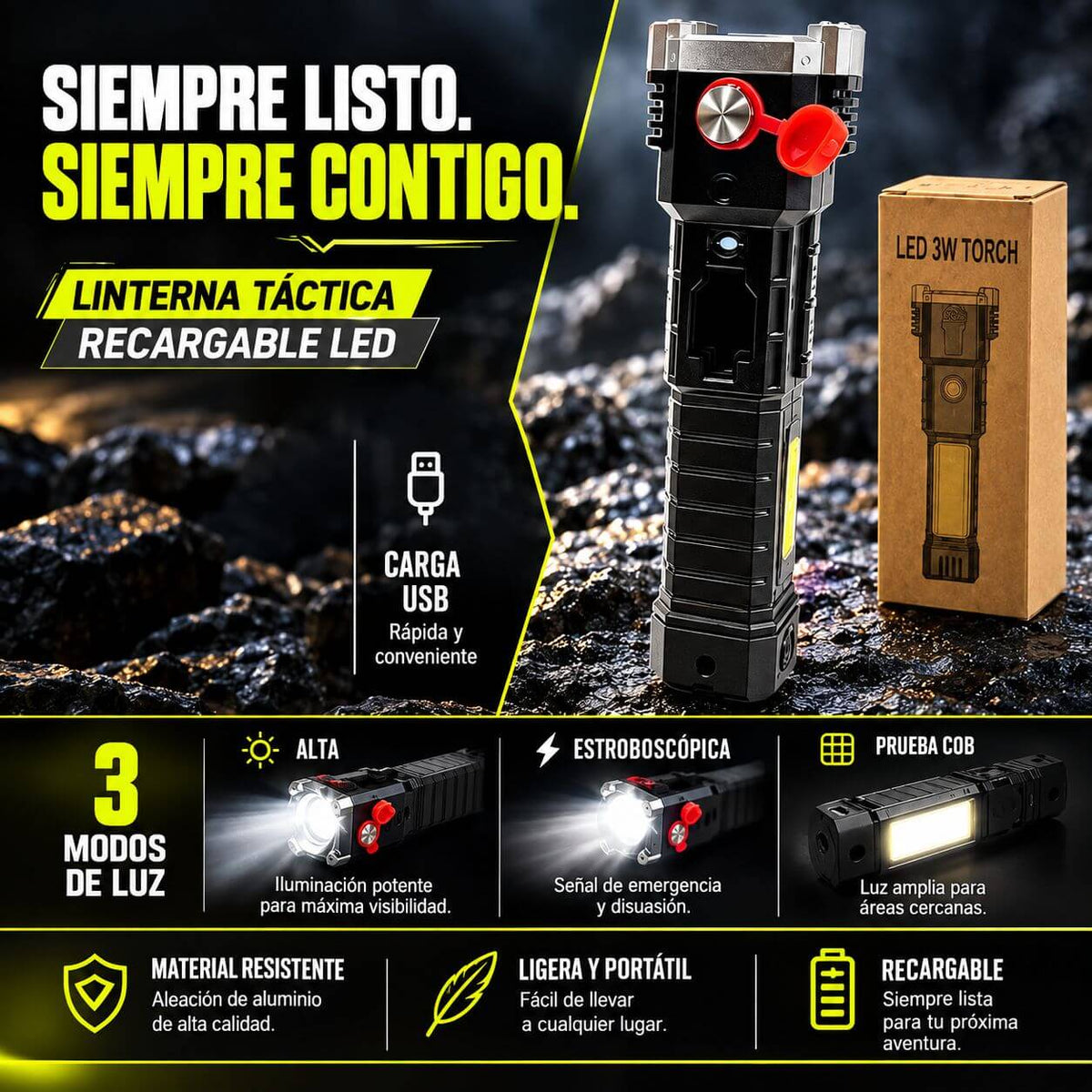 Linterna Multifuncional 4 En 1 Recargable RutaGuard - Ilumina, carga y rompe vidrios