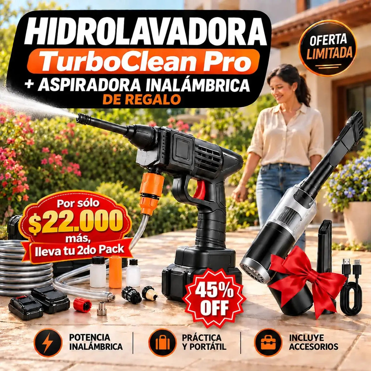 Hidrolavadora TurboClean Pro + Aspiradora Inalámbrica de Regalo — Potencia brutal, limpieza profunda en minutos