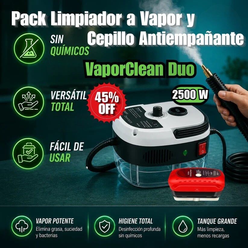 Pack Limpiador a Vapor+Cepillo Antiempañante VaporClean Duo — Vapor potente, resultados profundos, cero esfuerzo